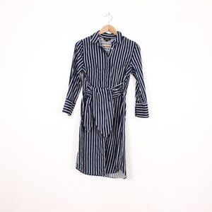 Le Chateau Blue and White Striped Button Up Long Sleeve Dress